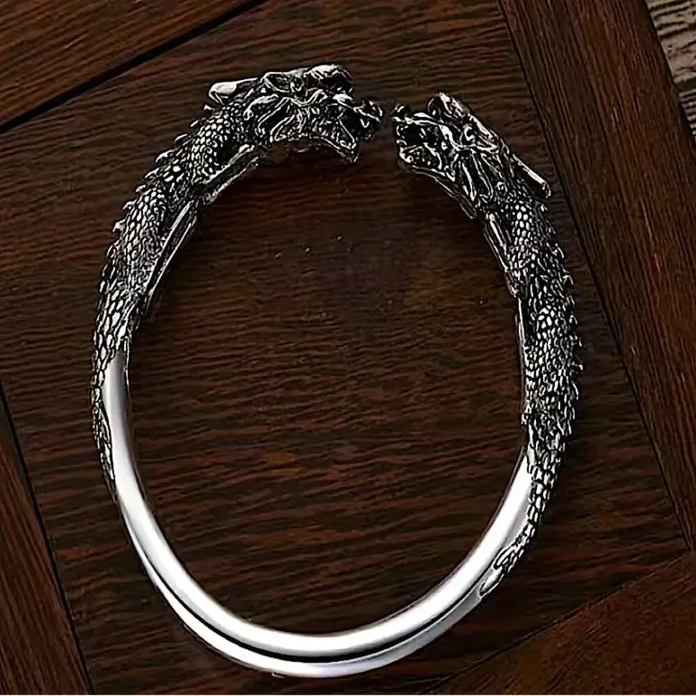 Silver Viking Wolf Head Norse Bangle Cuff Bracelet